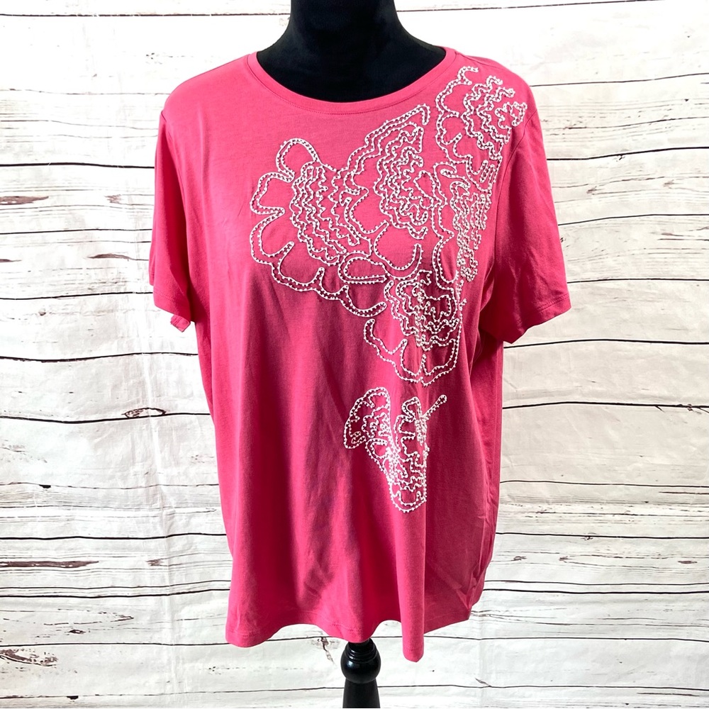 Talbots Top Women’s Petite 2XP Pink T-Shirt Embroidered Beaded Vintage